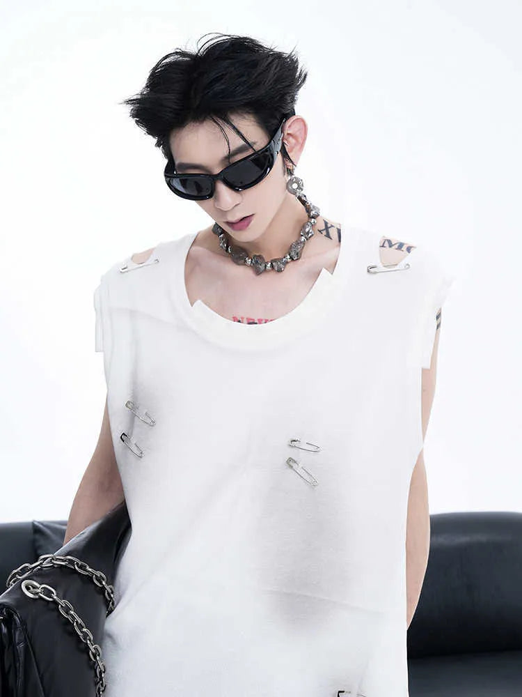 Men's black vest waistcoat with irregular cutting and ripped detailing, sleeveless round neck design