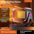 White PTC ceramic desktop electric heater on a table showing front grille and control buttons.