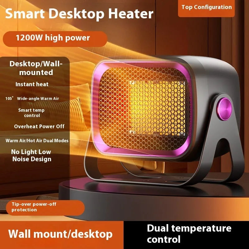 White PTC ceramic desktop electric heater on a table showing front grille and control buttons.
