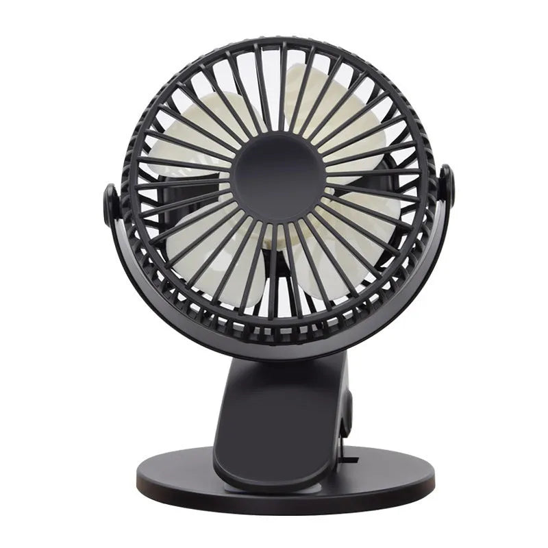 White USB rechargeable brushless clip fan attached to a desk edge