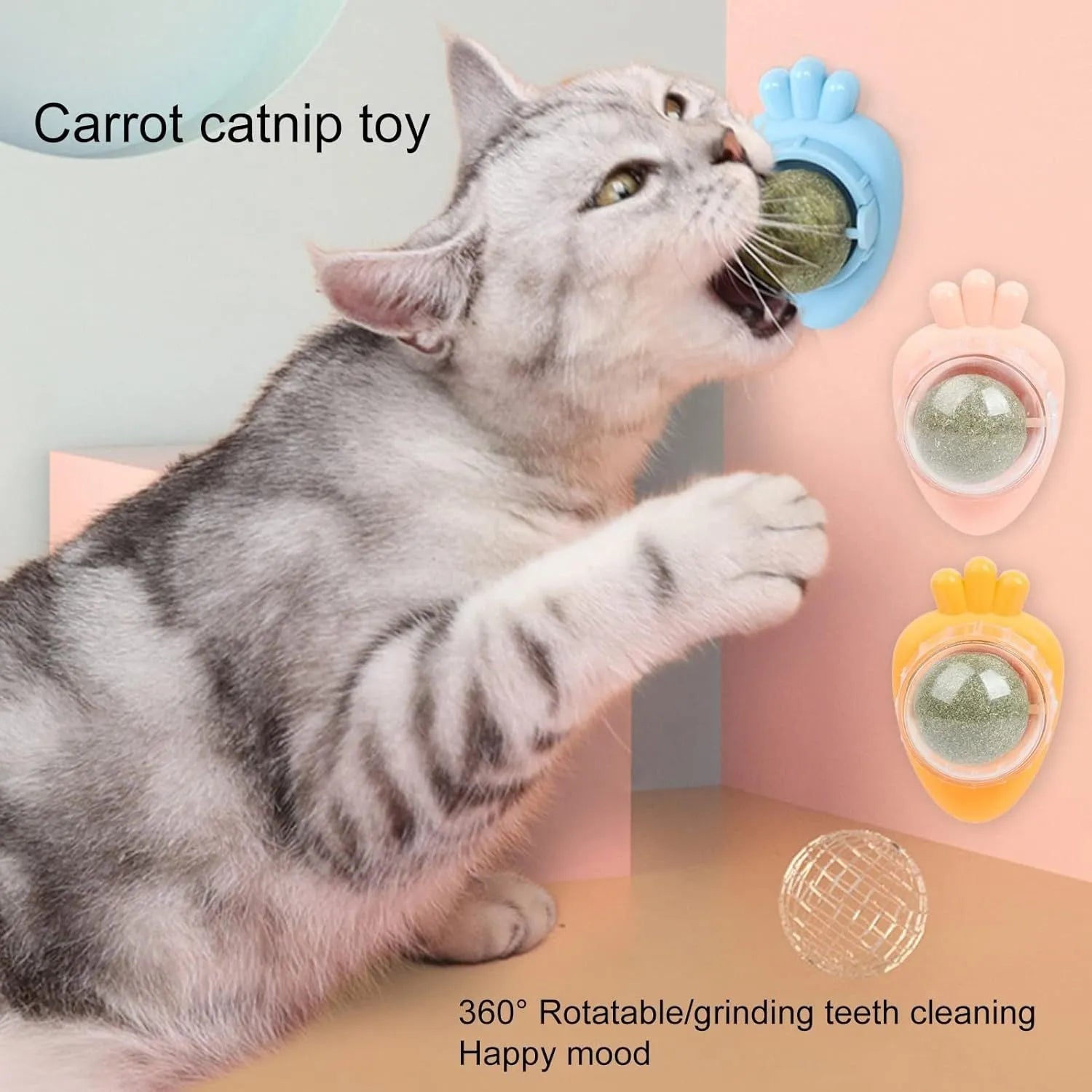 Blue carrot-shaped catnip toy with self-adhesive sticker for wall mounting