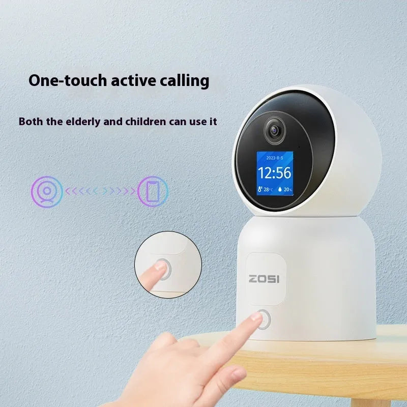 Zhou Shi white indoor wireless security camera with built-in screen on a screw-fixed wall bracket.