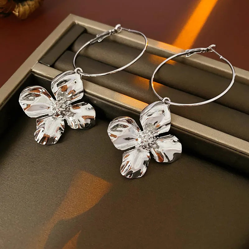 Metal flower geometric earrings with silver needle cold-processed style in gold or silver electroplated finish