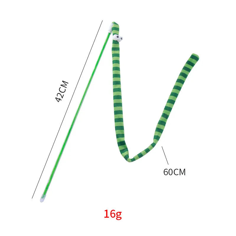 Cat wand toy with polycarbonate pole and plush strip in green, orange, and rainbow colours