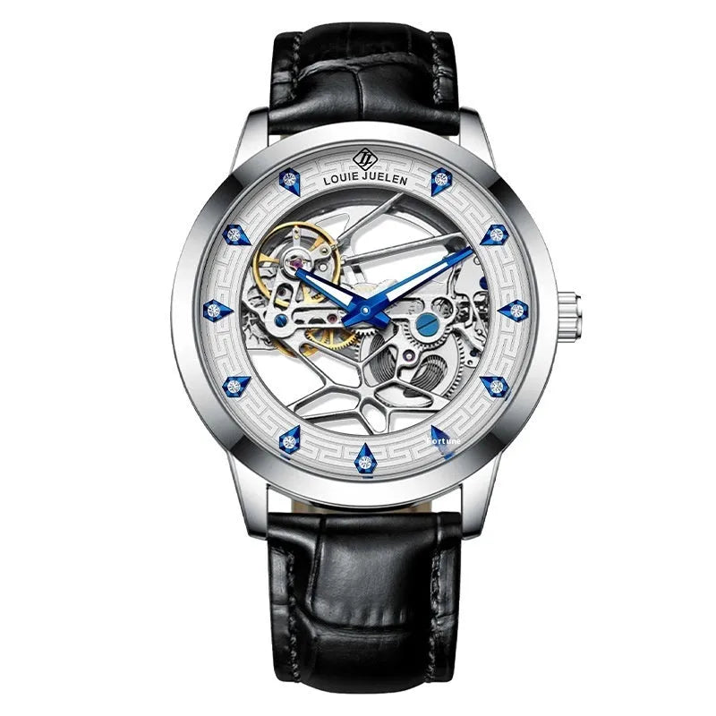 Men's silver case mechanical watch with black leather strap and luminous hands