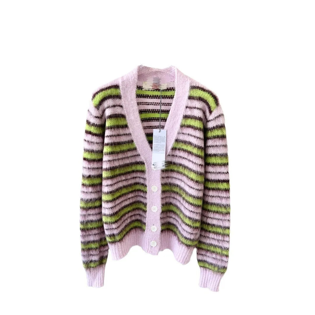 Pink Haima wool knitted cardigan sweater for women shown in round neck and button-front styles.