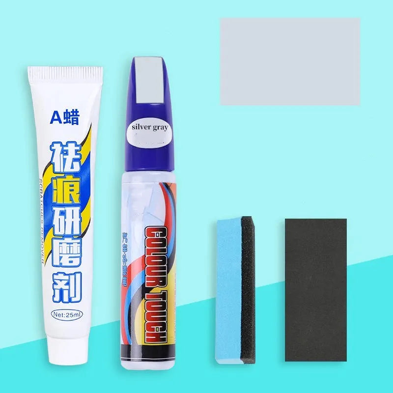 Automotive paint repair pen kit with touch-up paint, scratch wax, sponge and sandpaper