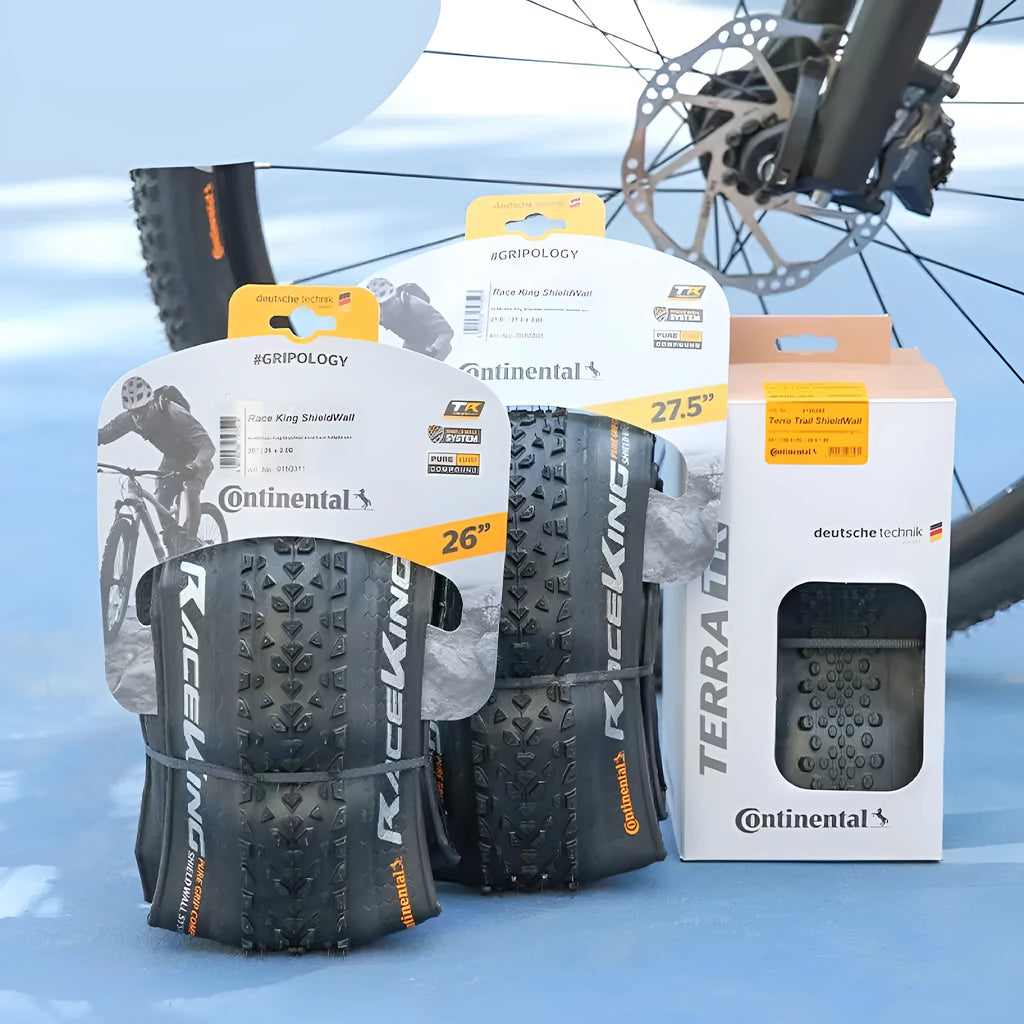 Mountain bicycle tyre showing tread, available in folding or steel wire bead for 26, 27.5 and 29-inch wheels