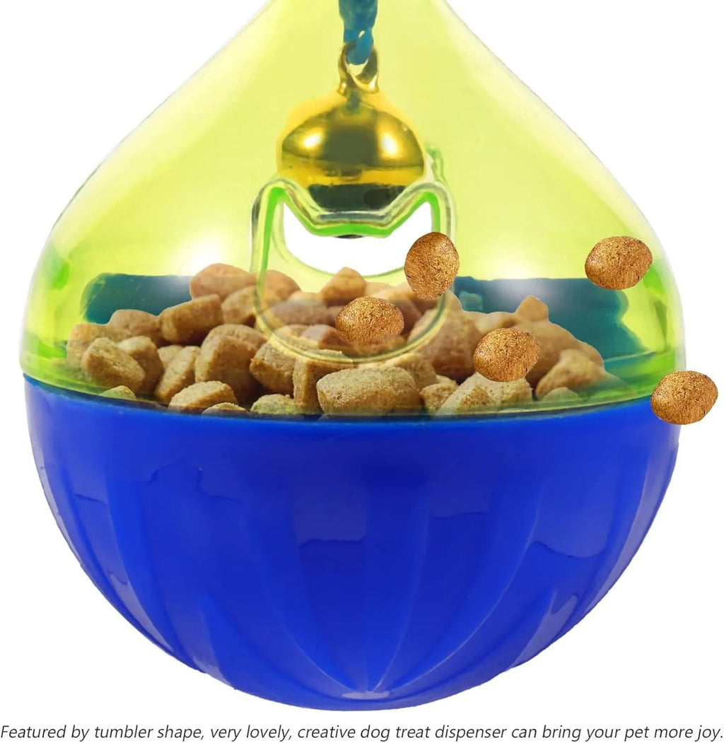 Tumbler-shaped interactive pet treat dispenser ball for dogs and cats