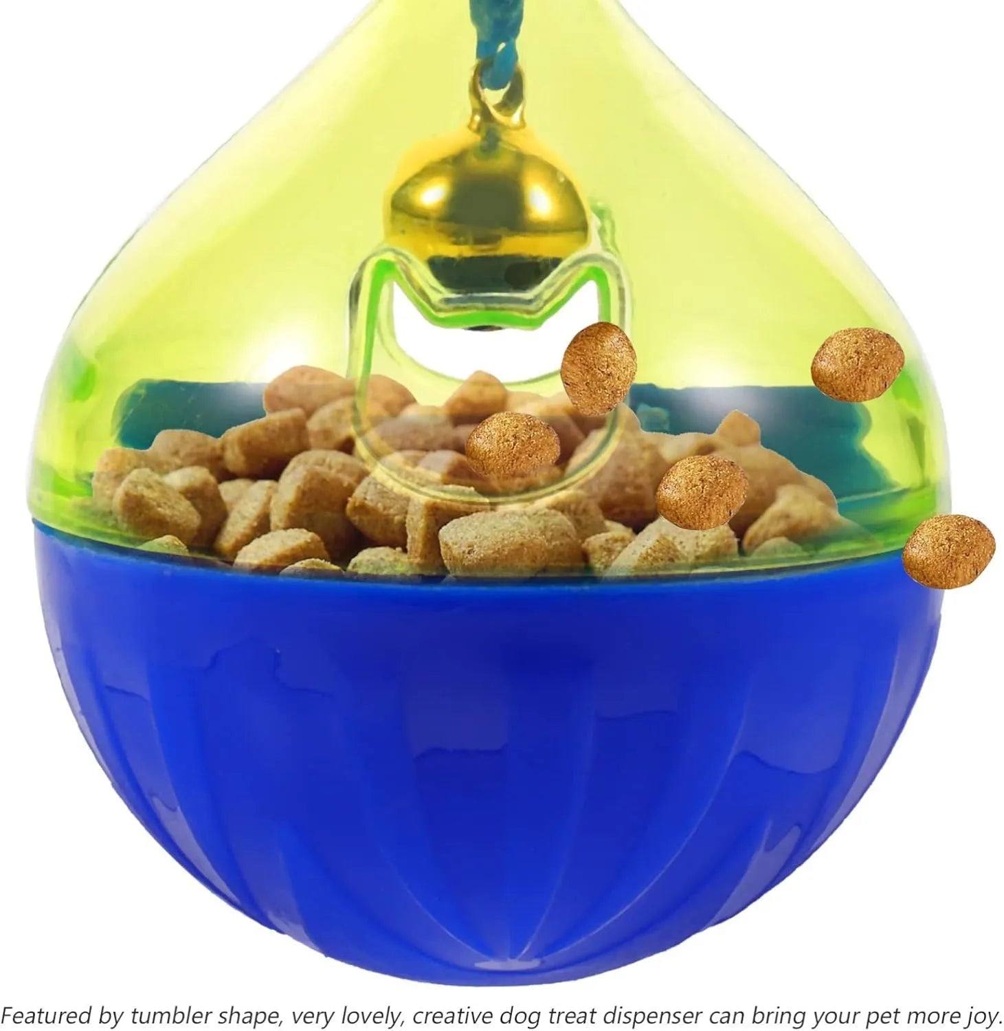 Tumbler-shaped interactive pet treat dispenser ball for dogs and cats