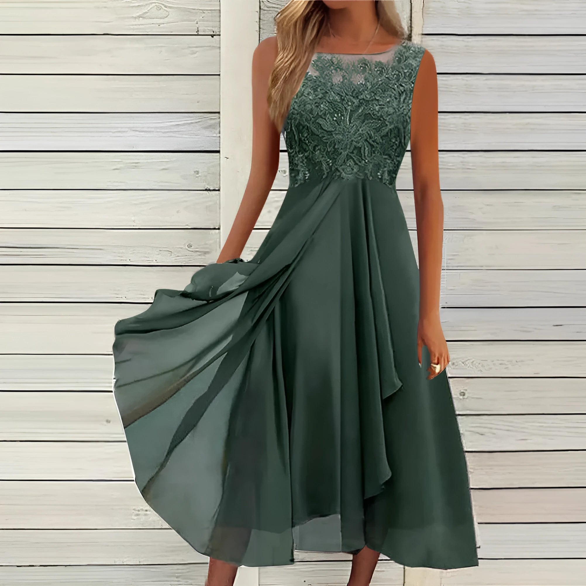 Women's sleeveless chiffon dress with hollow-out lace stitching detail in princess style