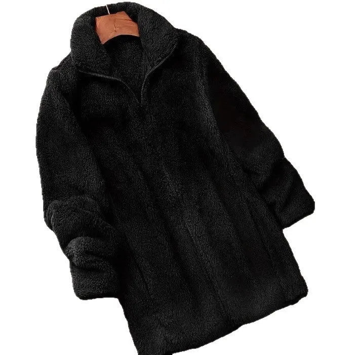 Double-sided velvet fleece jacket in black, shown on a hanger.
