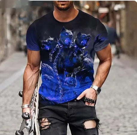 Men's black t-shirt with a large, fierce 3D lion graphic print on the front