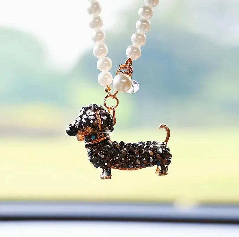 Diamond-embedded dachshund hanging car rearview mirror pendant in alloy light luxury style