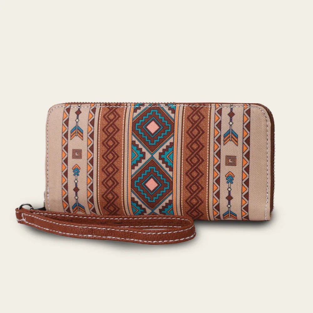 Bohemian stripe pattern canvas RFID wallet in beige, showing anti-theft function and card slots