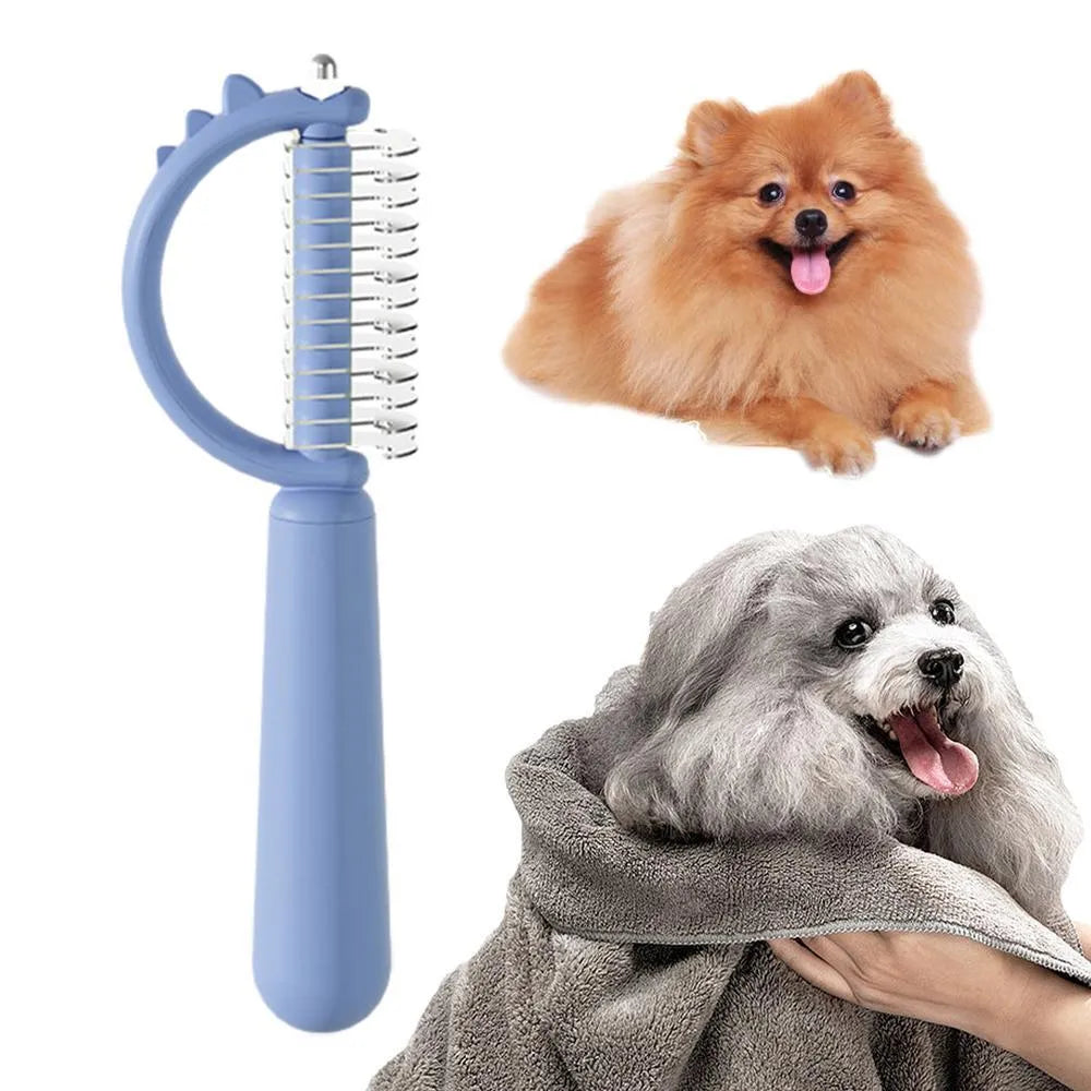 Blue dinosaur-shaped cat brush with self-cleaning button and double-sided bristles