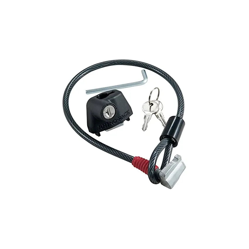 Plastic-sheathed steel cable lock for securing a kayak on a roof rack.
