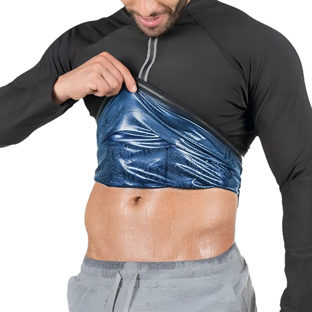 Men's zip vest in black polyester, long sleeve with short sleeve body, shown on a white background