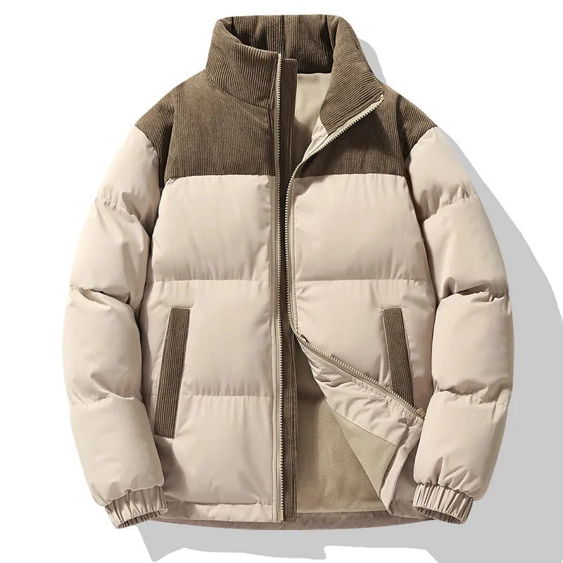 Unisex winter stand-collar padded coat in solid colour, loose fit, side seam pockets, polyester fabric