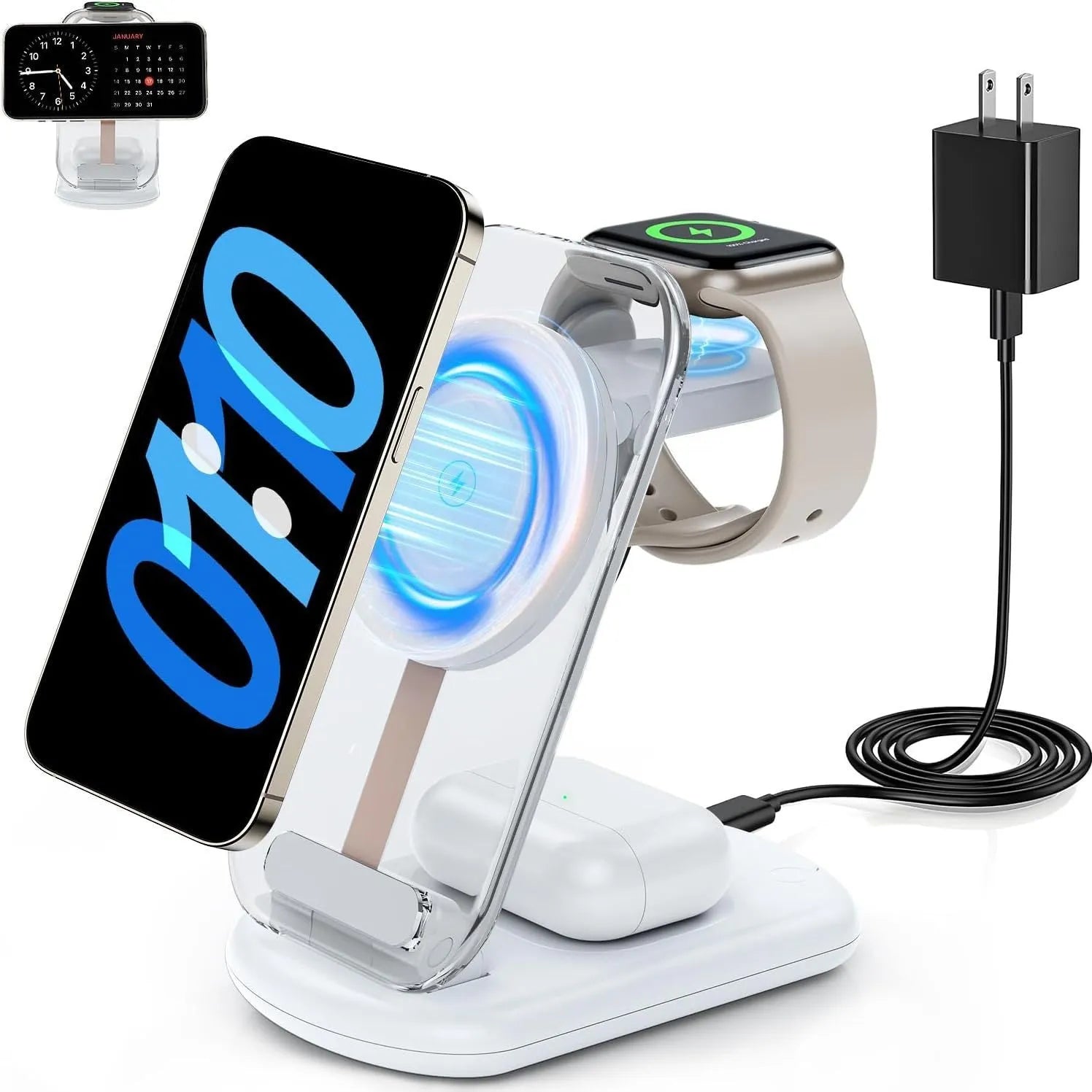 Transparent folding magnetic wireless charger showing three charging areas