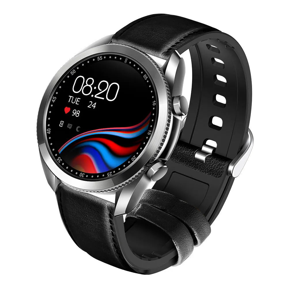 UM90 black smart watch with leather strap showing fitness stats on its 1.28-inch screen.