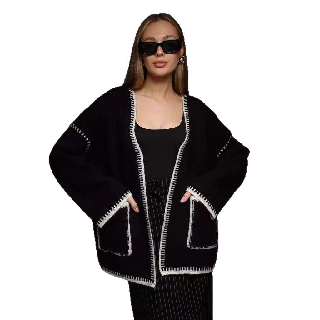Lace-up front imitation cashmere knitted cardigan in loose mid-length fit showing black, camel, and white colour options