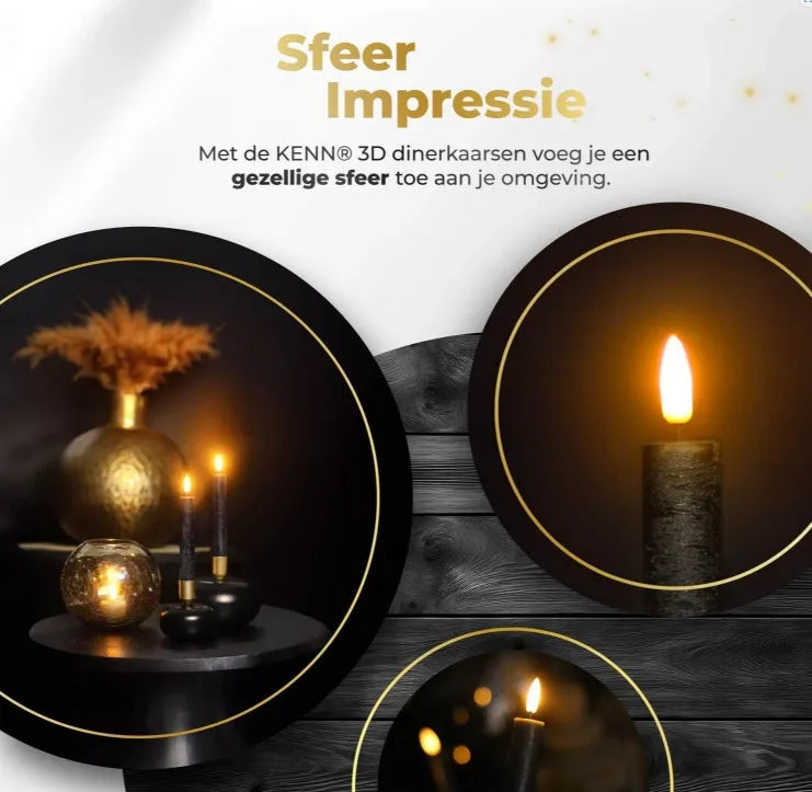 Set of four slim black LED taper candles with a realistic 3D flickering flame effect.