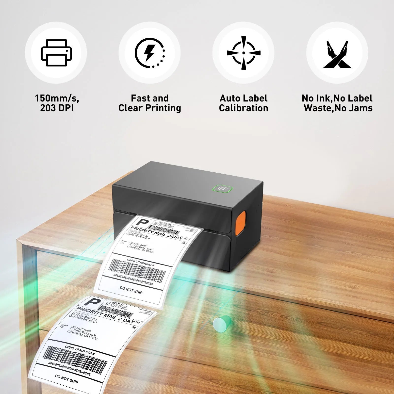 Black thermal label printer with USB interface for express order printing, 2kg weight