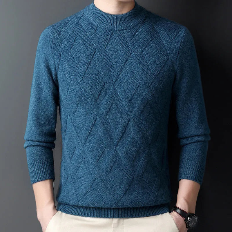 Men's diamond jacquard winter wool sweater in light camel colour, plus size thermal pullover