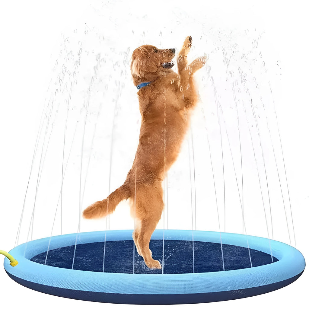 Large blue and green dog splash pad with sprinkler spray, showing anti-slip texture, placed on grass.