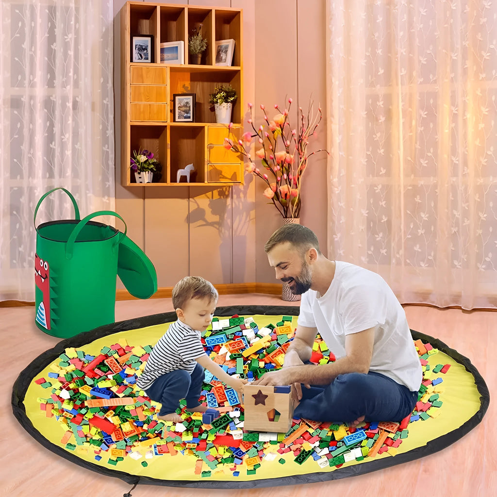 Green felt cube storage bag open as play mat with pull rope closure for children's toys