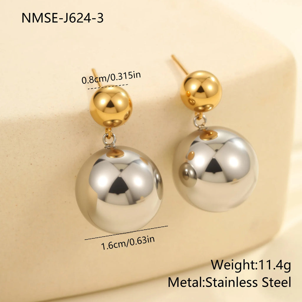 Stainless steel colour-block geometric ear studs for women with round bead design