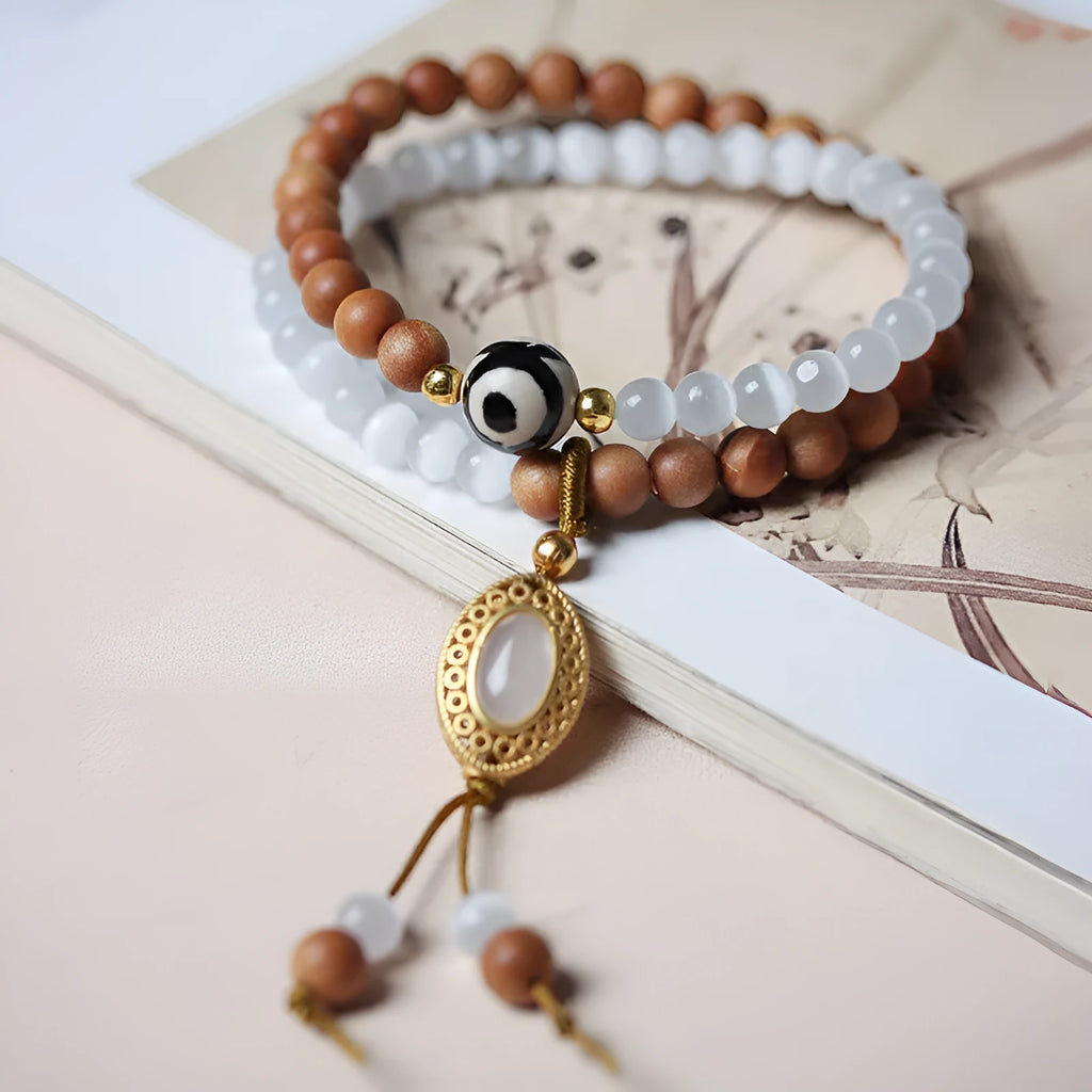 Sandalwood Opal double ring bracelet with Tibetan beads in Barbie sandalwood colour
