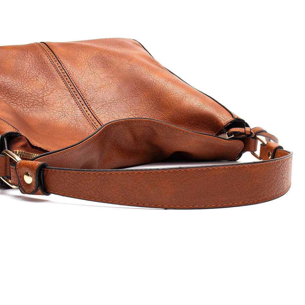 Large capacity PU hobo bag for women with zip closure, internal pockets, and soft handles in solid colour
