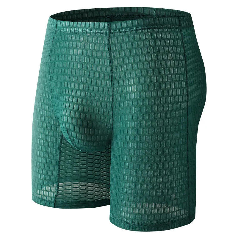 Men's solid colour lace boxer briefs for hip lifting and shaping, shown in light purple.