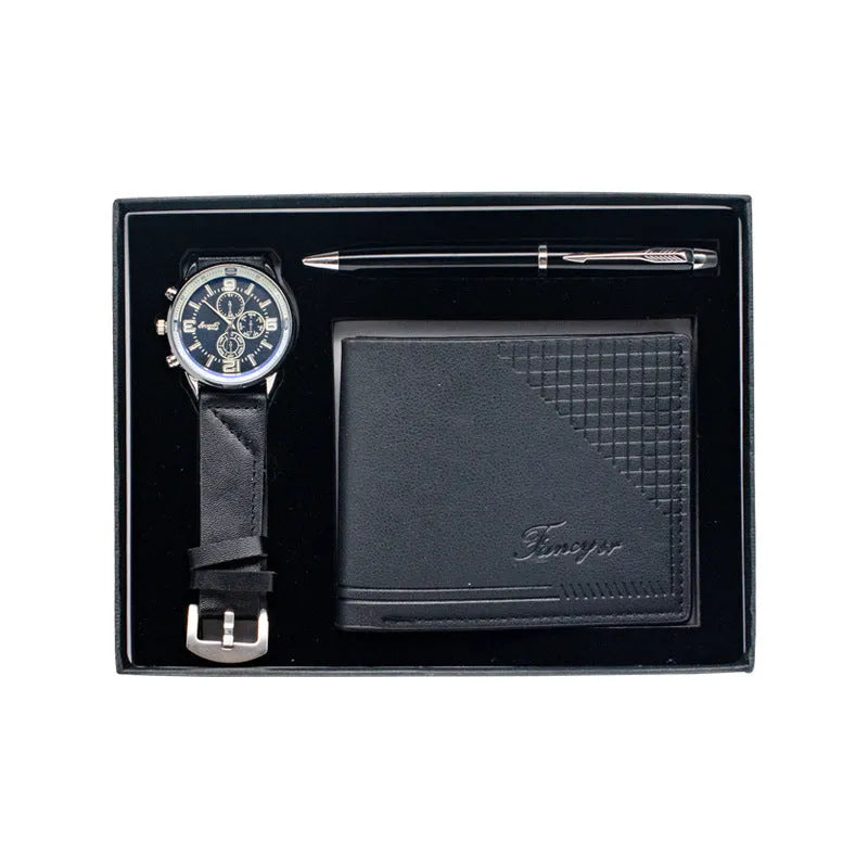 Creative holiday gift set showing wallet, pen and watch in modern simple gift box