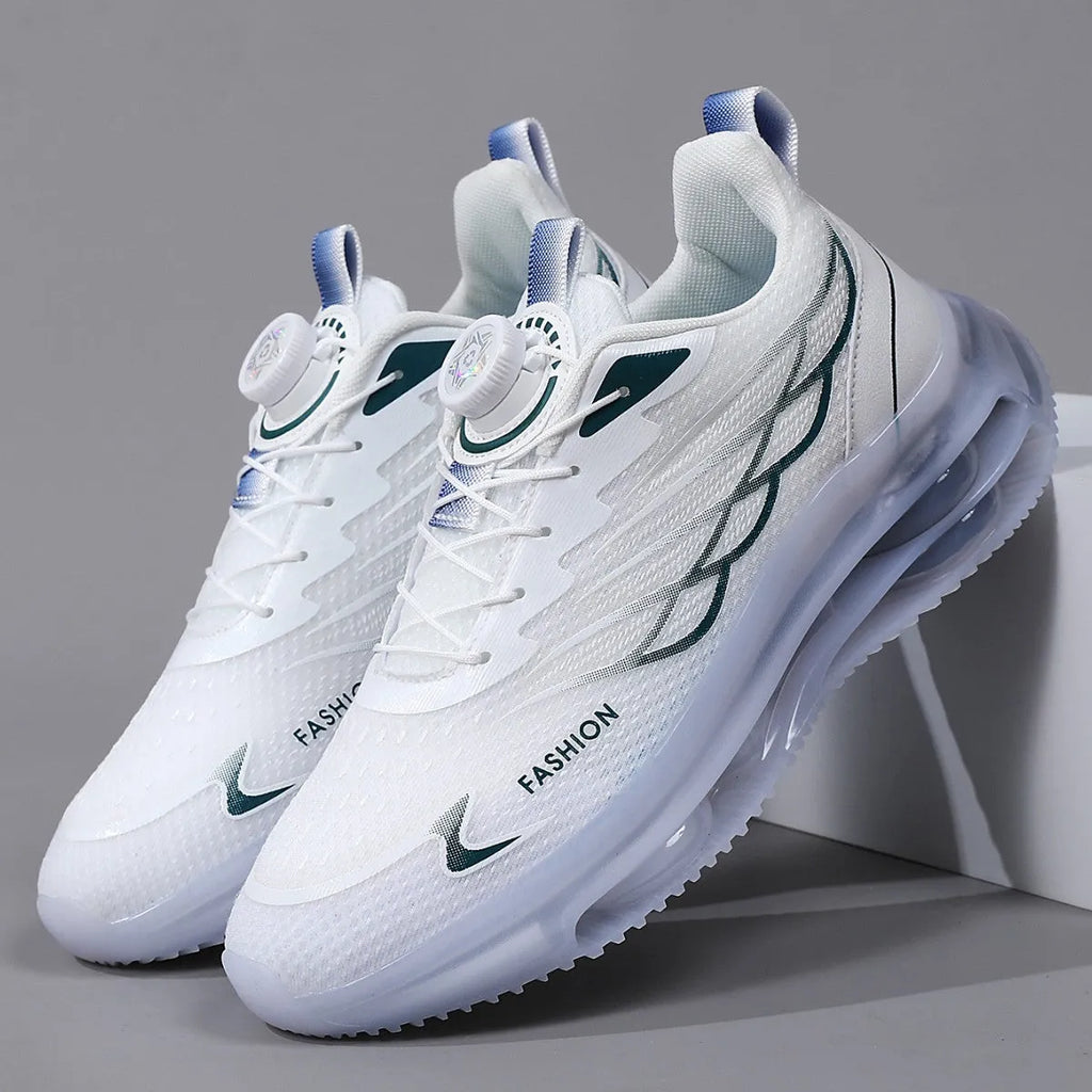 White men's casual shoes with rotating button lace system and mesh upper