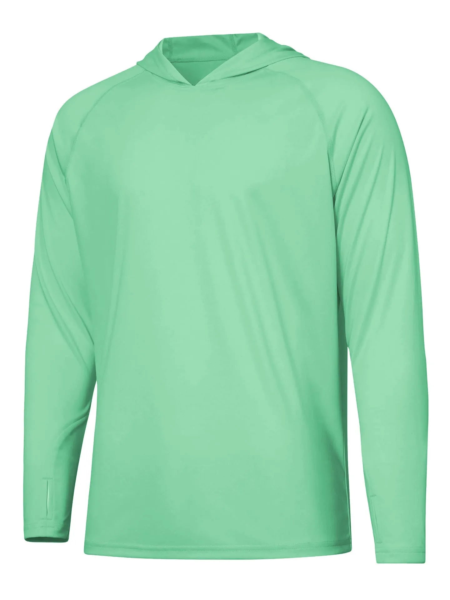 Man wearing a thin grey long sleeve hooded top for outdoor sun protection during fishing or hiking.