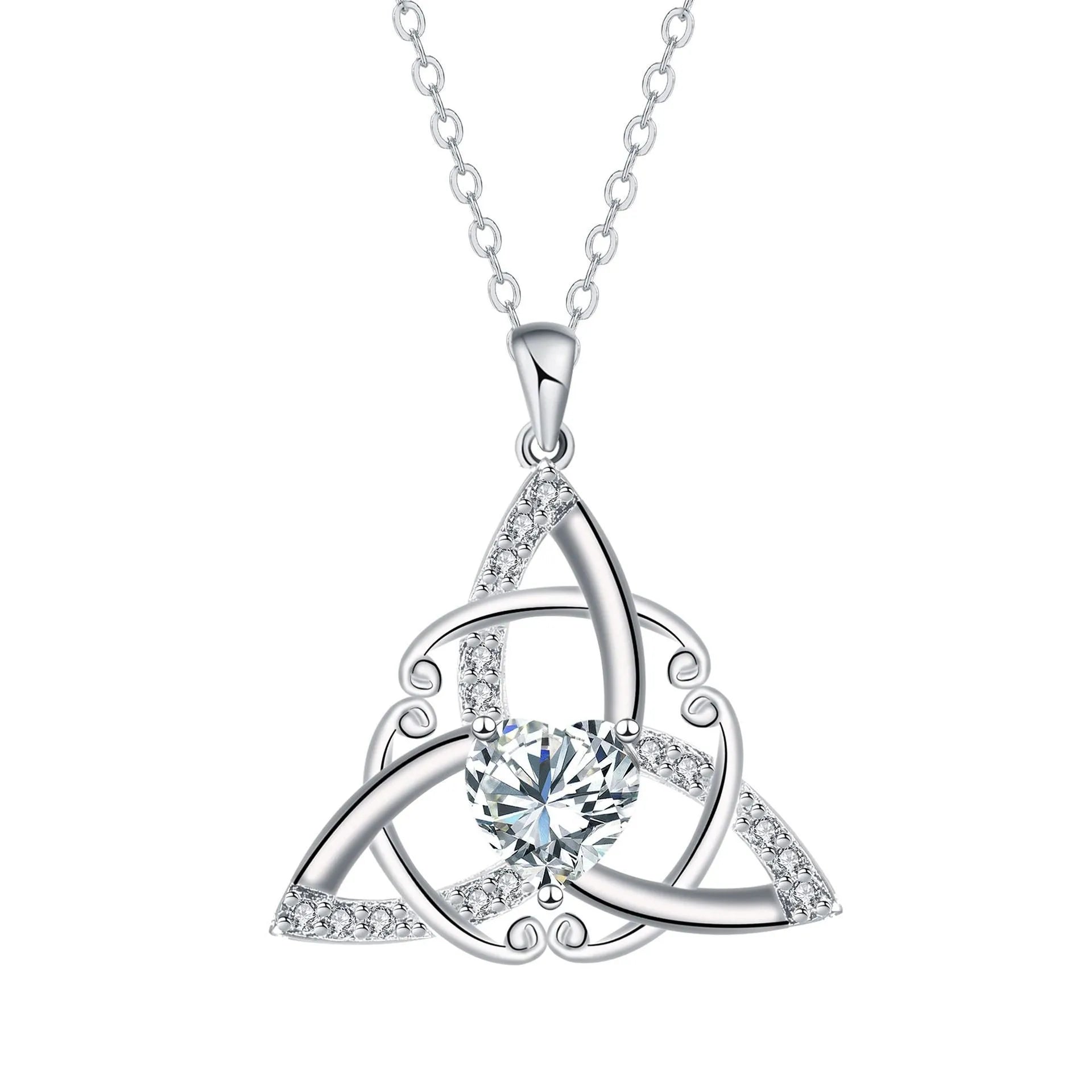 Geometric Celtic knot pendant necklace for women in a choice of blue, lvzuan, red diamond, or white diamond finish.