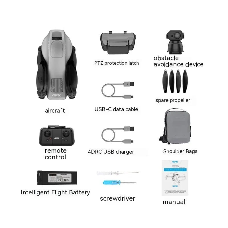 White folding quadcopter drone with camera, remote control, flight batteries, and shoulder bag.