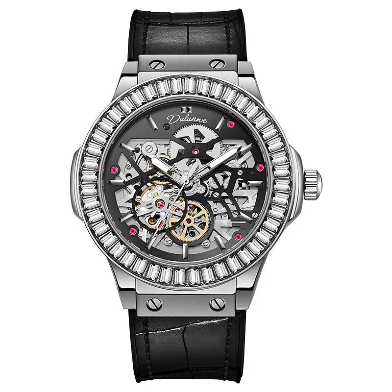 Men's automatic mechanical watch with hollow movement and diamond-studded dial on wrist