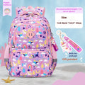 Blue dinosaur print waterproof Oxford cloth children's school backpack with curved shoulder straps.