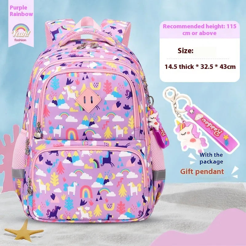 Blue dinosaur print waterproof Oxford cloth children's school backpack with curved shoulder straps.