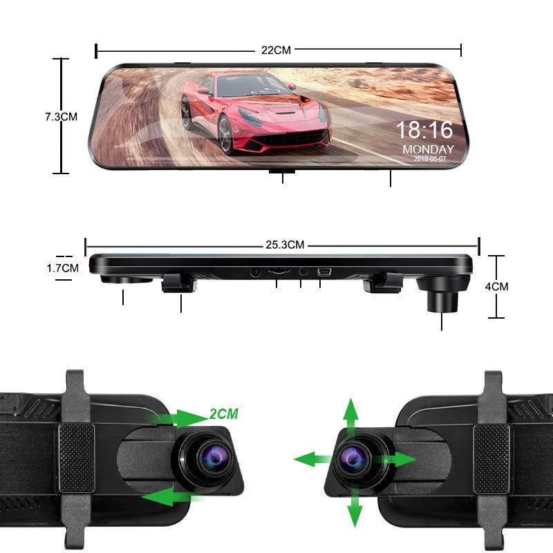 10-inch black HD rearview mirror driving recorder with 170-degree wide-angle lens and 12MP camera installed in a car