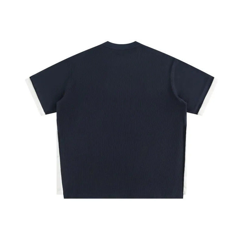 Retro alphabet embroidered loose waffle short-sleeved t-shirt in navy blue, white grey, and yellow colours