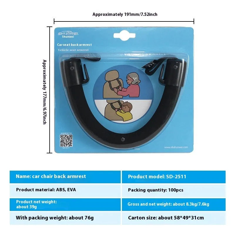 Black car seat back safety armrest made of EVA and ABS, 30.2 x 3.5 cm, installed behind seat