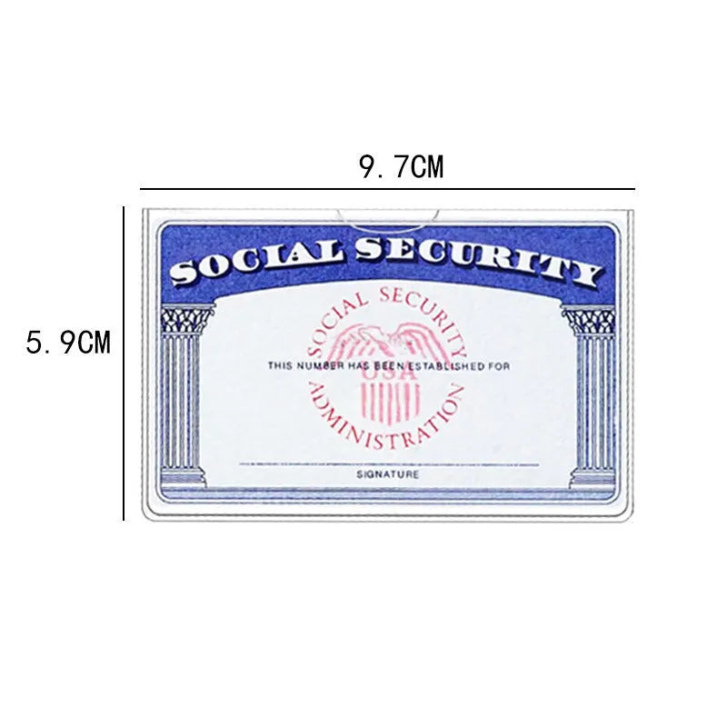 Transparent PVC card holder for social security cards measuring 9.7 by 5.9 centimetres