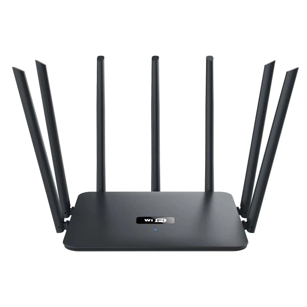 Black or white dual-band 5G Gigabit router with multiple antennas for through-wall Wi-Fi coverage.