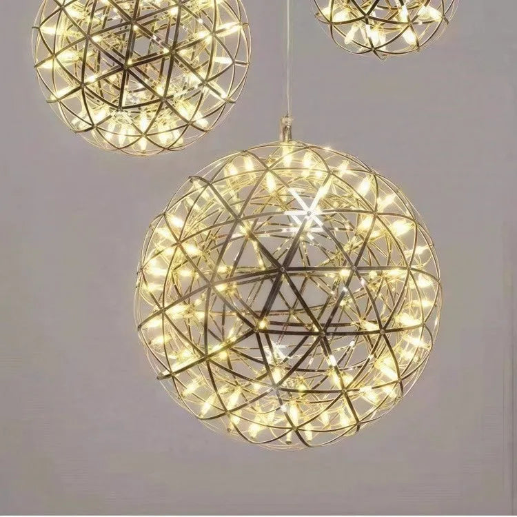 Hollow creative LED sphere chandelier in gold finish, stainless steel, modern style for banquet hall