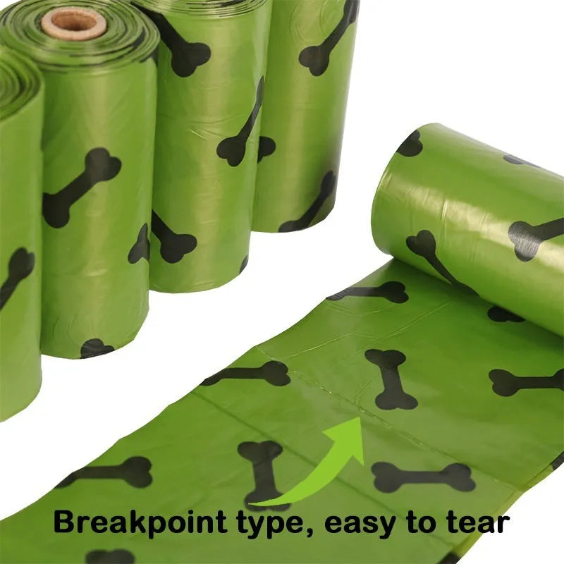 Military green degradable dog poop bags with black bone print, measuring 23 by 33 centimetres